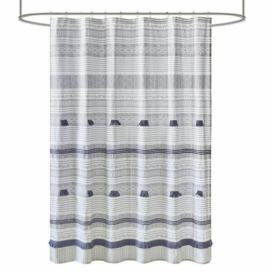 Bed & Bath Ink+Ivy | Ink+Ivy Cody Cotton Stripe Printed & Tassel Pom Pom Shower Curtain